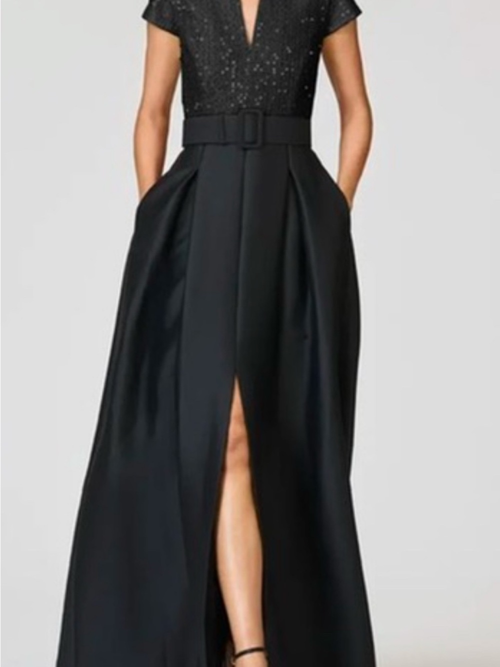 Sachin + Babi Black Sequin-Bodice Maxi Gown with Belt